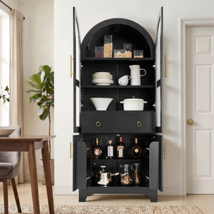 English Elm 77 Inch Arched Pantry Cabinet Glass Doors Gold Hardware Spice Rack Shelved Storage Black W1413S00249