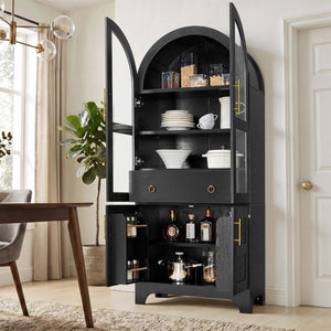 English Elm 77 Inch Arched Pantry Cabinet Glass Doors Gold Hardware Spice Rack Shelved Storage Black W1413S00249