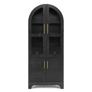 English Elm 77 Inch Arched Pantry Cabinet Glass Doors Gold Hardware Spice Rack Shelved Storage Black W1413S00249