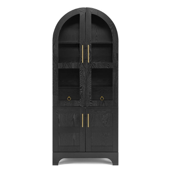 English Elm 77 Inch Arched Pantry Cabinet Glass Doors Gold Hardware Spice Rack Shelved Storage Black W1413S00249