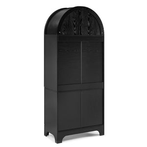 English Elm 77 Inch Arched Pantry Cabinet Glass Doors Gold Hardware Spice Rack Shelved Storage Black W1413S00249