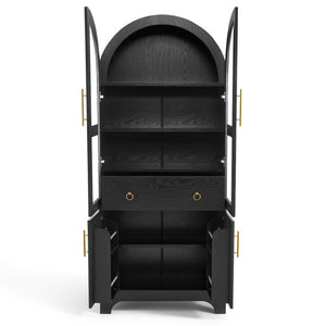 English Elm 77 Inch Arched Pantry Cabinet Glass Doors Gold Hardware Spice Rack Shelved Storage Black W1413S00249