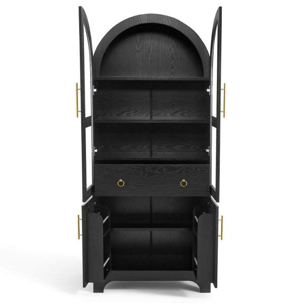 English Elm 77 Inch Arched Pantry Cabinet Glass Doors Gold Hardware Spice Rack Shelved Storage Black W1413S00249