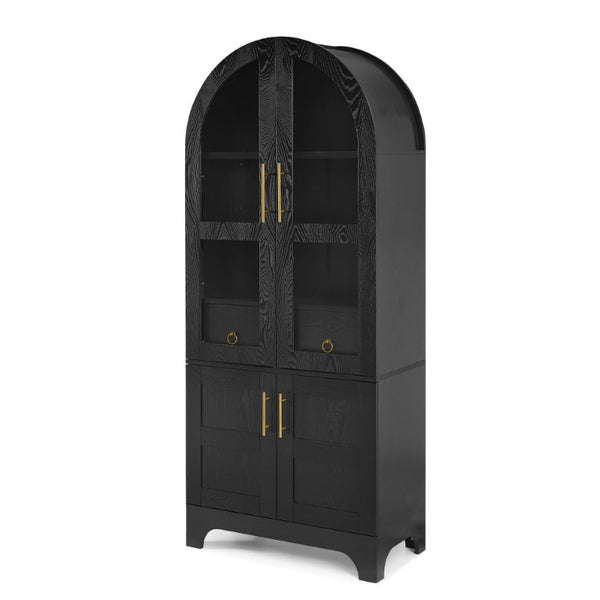English Elm 77 Inch Arched Pantry Cabinet Glass Doors Gold Hardware Spice Rack Shelved Storage Black W1413S00249