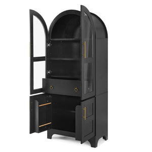 English Elm 77 Inch Arched Pantry Cabinet Glass Doors Gold Hardware Spice Rack Shelved Storage Black W1413S00249