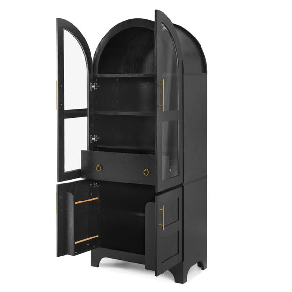English Elm 77 Inch Arched Pantry Cabinet Glass Doors Gold Hardware Spice Rack Shelved Storage Black W1413S00249