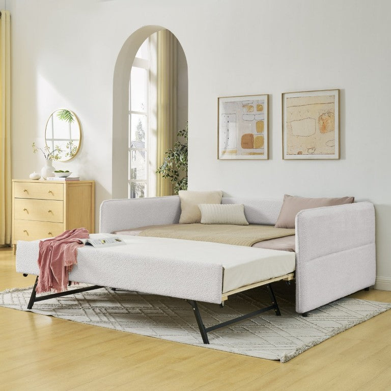 English Elm Daybed with Trundle Full Size Tufted Boucle Sofa Bed for Living Room or Guest Space W1413S00250
