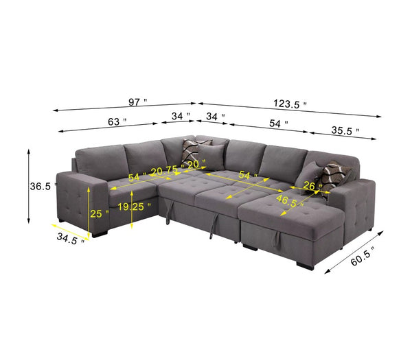 English Elm 123 Inch U Shaped Modular Sectional with Pull Out Sleeper and Hidden Storage Chaise W1417S00001