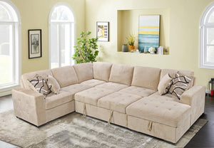 English Elm 123" U-shaped Modular Sectional with Sleeper Bed Storage Chaise Beige Upholstered Couch W1417S00005