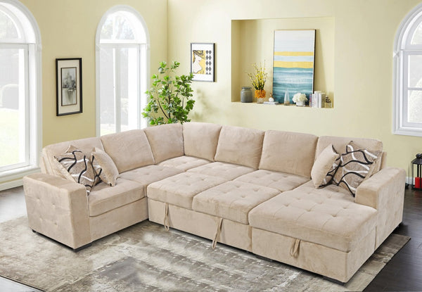 English Elm 123" U-shaped Modular Sectional with Sleeper Bed Storage Chaise Beige Upholstered Couch W1417S00005
