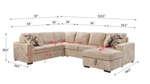 English Elm 123" U-shaped Modular Sectional with Sleeper Bed Storage Chaise Beige Upholstered Couch W1417S00005