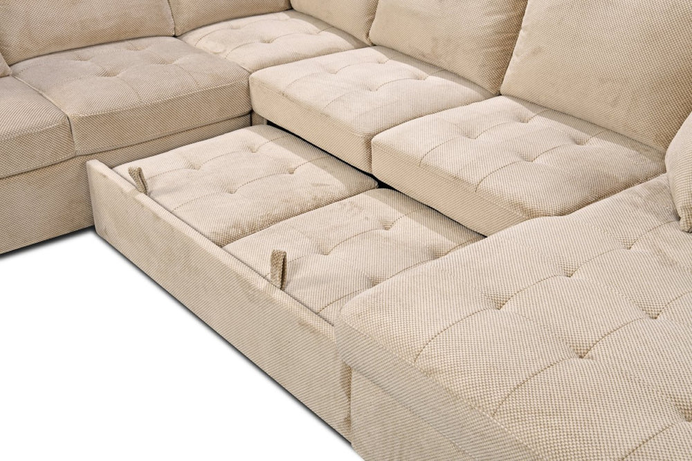 English Elm 123" U-shaped Modular Sectional with Sleeper Bed Storage Chaise Beige Upholstered Couch W1417S00005