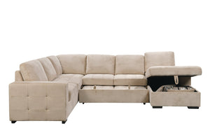 English Elm 123" U-shaped Modular Sectional with Sleeper Bed Storage Chaise Beige Upholstered Couch W1417S00005
