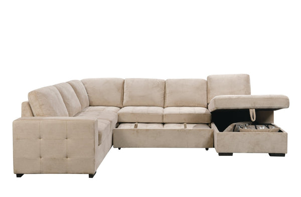 English Elm 123" U-shaped Modular Sectional with Sleeper Bed Storage Chaise Beige Upholstered Couch W1417S00005