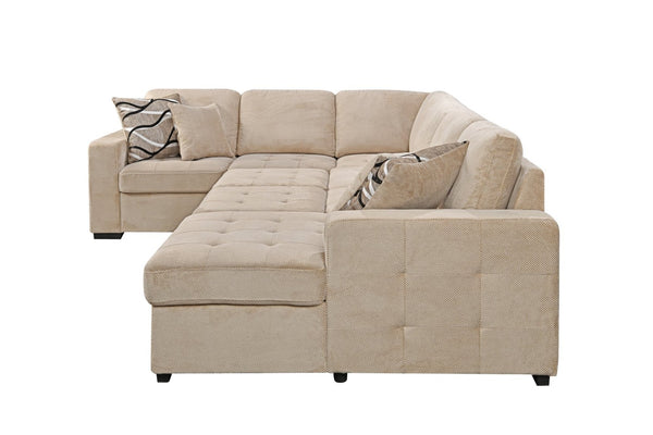 English Elm 123" U-shaped Modular Sectional with Sleeper Bed Storage Chaise Beige Upholstered Couch W1417S00005