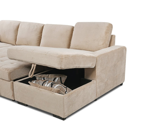 English Elm 123" U-shaped Modular Sectional with Sleeper Bed Storage Chaise Beige Upholstered Couch W1417S00005
