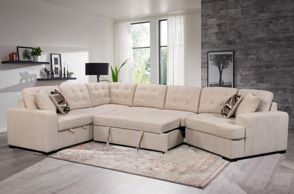 English Elm 149" Chenille U-shaped Sectional Sofa with Dual Sleeper Pull-out Beds Tufted Living Room White W1417S00006