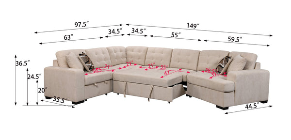 English Elm 149" Chenille U-shaped Sectional Sofa with Dual Sleeper Pull-out Beds Tufted Living Room White W1417S00006