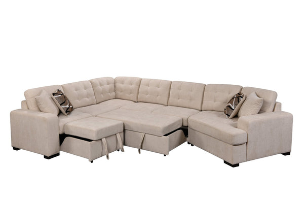 English Elm 149" Chenille U-shaped Sectional Sofa with Dual Sleeper Pull-out Beds Tufted Living Room White W1417S00006