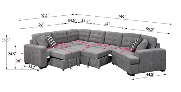 English Elm 149" Chenille U-shaped Sectional Sofa with Dual Sleeper Pull-out Beds Tufted Living Room Grey - B W1417S00007