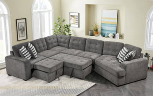 English Elm 149" Chenille U-shaped Sectional Sofa with Dual Sleeper Pull-out Beds Tufted Living Room Ebony - B W1417S00032