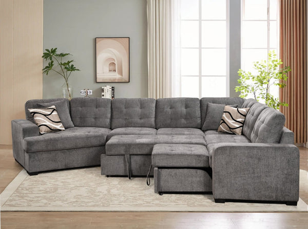 English Elm 149" Chenille U-shaped Sectional Sofa with Dual Sleeper Pull-out Beds Tufted Living Room Ebony - A W1417S00122