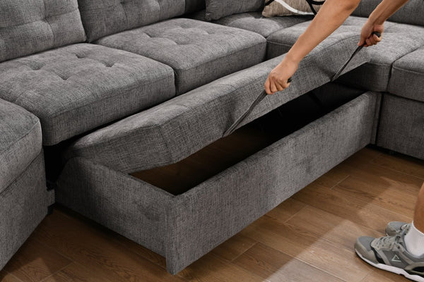 English Elm 149" Chenille U-shaped Sectional Sofa with Dual Sleeper Pull-out Beds Tufted Living Room Ebony - A W1417S00122