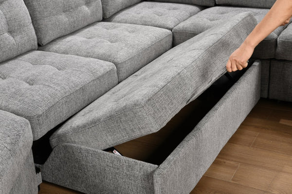English Elm 149" Chenille U-shaped Sectional Sofa with Dual Sleeper Pull-out Beds Tufted Living Room Grey - A W1417S00123