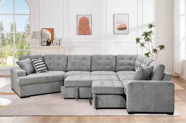 English Elm 149" Chenille U-shaped Sectional Sofa with Dual Sleeper Pull-out Beds Tufted Living Room Grey - A W1417S00123