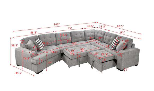 English Elm 149" Chenille U-shaped Sectional Sofa with Dual Sleeper Pull-out Beds Tufted Living Room Grey - A W1417S00123
