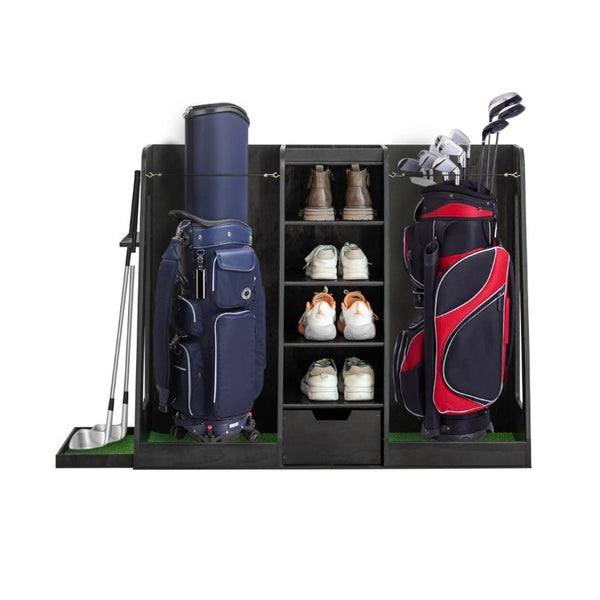 English Elm 55.5''X16''x37''(lxwxh Solid Wood Golf Bag Rack Organizer with Club Holders and Drawers Black W1422P233425