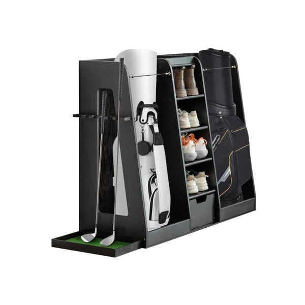 English Elm 55.5''X16''x37''(lxwxh Solid Wood Golf Bag Rack Organizer with Club Holders and Drawers Black W1422P233425