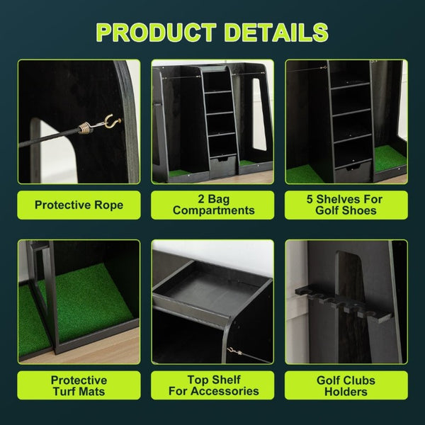 English Elm 55.5''X16''x37''(lxwxh Solid Wood Golf Bag Rack Organizer with Club Holders and Drawers Black W1422P233425
