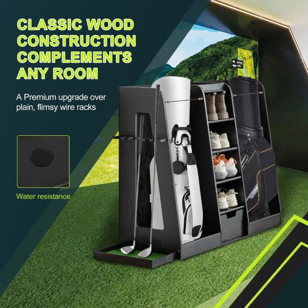 English Elm 55.5''X16''x37''(lxwxh Solid Wood Golf Bag Rack Organizer with Club Holders and Drawers Black W1422P233425