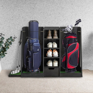 English Elm 55.5''X16''x37''(lxwxh Solid Wood Golf Bag Rack Organizer with Club Holders and Drawers Black W1422P233425