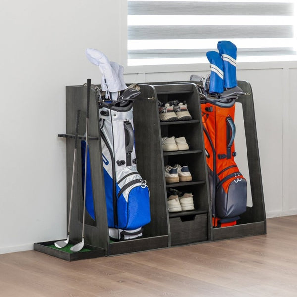 English Elm 55.5''X16''x37''(lxwxh Solid Wood Golf Bag Rack Organizer with Club Holders and Drawers Gray W1422P289116