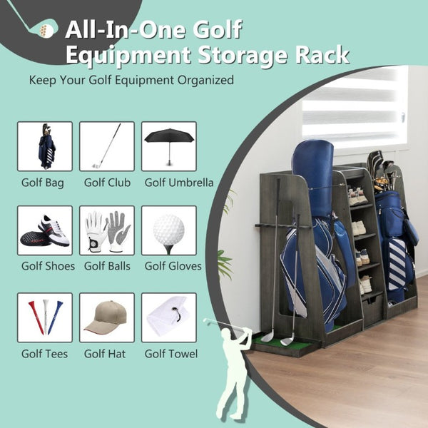 English Elm 55.5''X16''x37''(lxwxh Solid Wood Golf Bag Rack Organizer with Club Holders and Drawers Gray W1422P289116