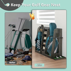 English Elm 55.5''X16''x37''(lxwxh Solid Wood Golf Bag Rack Organizer with Club Holders and Drawers Gray W1422P289116