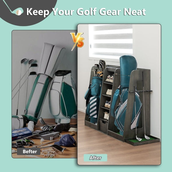 English Elm 55.5''X16''x37''(lxwxh Solid Wood Golf Bag Rack Organizer with Club Holders and Drawers Gray W1422P289116