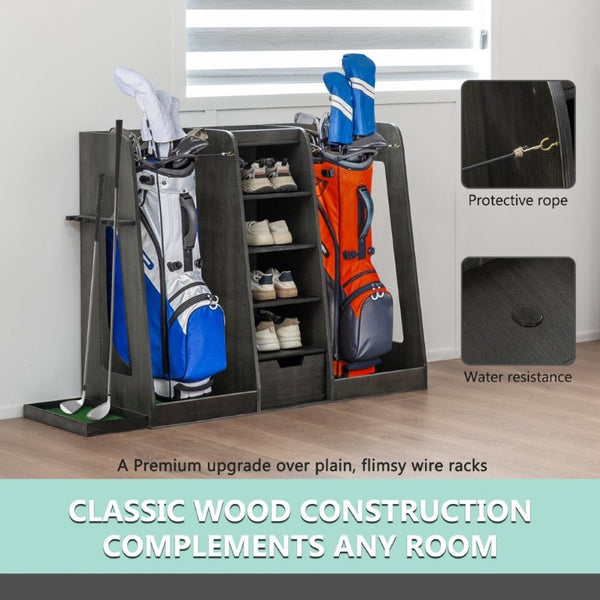 English Elm 55.5''X16''x37''(lxwxh Solid Wood Golf Bag Rack Organizer with Club Holders and Drawers Gray W1422P289116