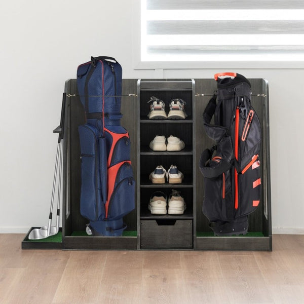English Elm 55.5''X16''x37''(lxwxh Solid Wood Golf Bag Rack Organizer with Club Holders and Drawers Gray W1422P289116