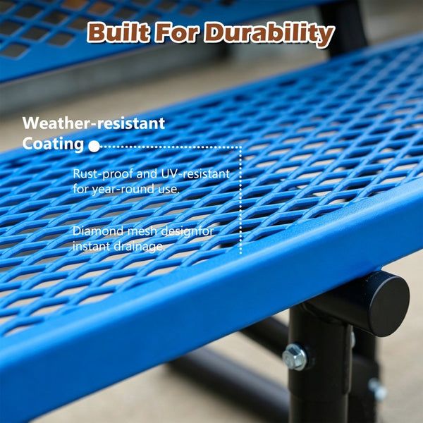 English Elm 72" Galvanized Steel Outdoor Picnic Table with Diamond Mesh Top and Rustproof Frame Blue W1422P450903