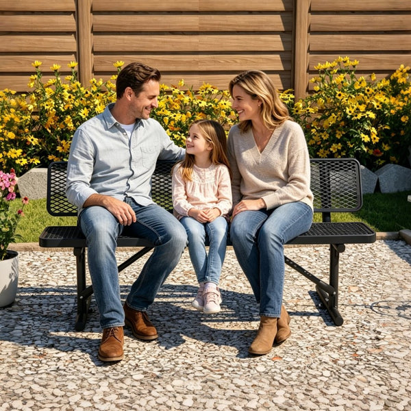 English Elm 72" Galvanized Steel Outdoor Picnic Table with Diamond Mesh Top and Rustproof Frame Black W1422P450904