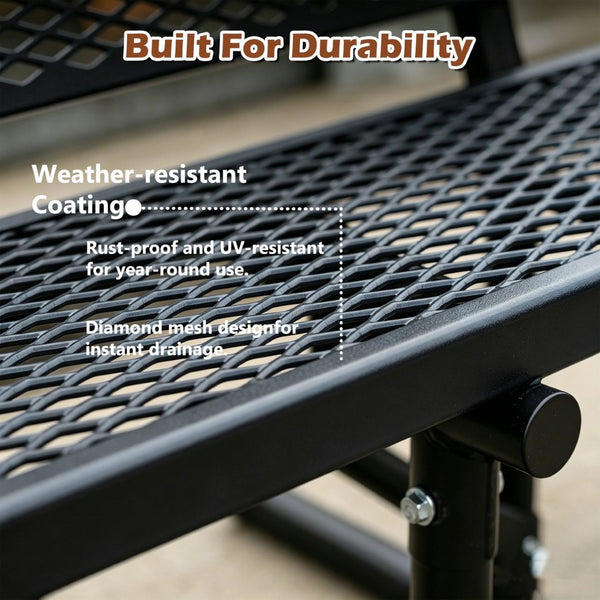 English Elm 72" Galvanized Steel Outdoor Picnic Table with Diamond Mesh Top and Rustproof Frame Black W1422P450904