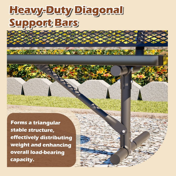 English Elm 72" Galvanized Steel Outdoor Picnic Table with Diamond Mesh Top and Rustproof Frame Black W1422P450904