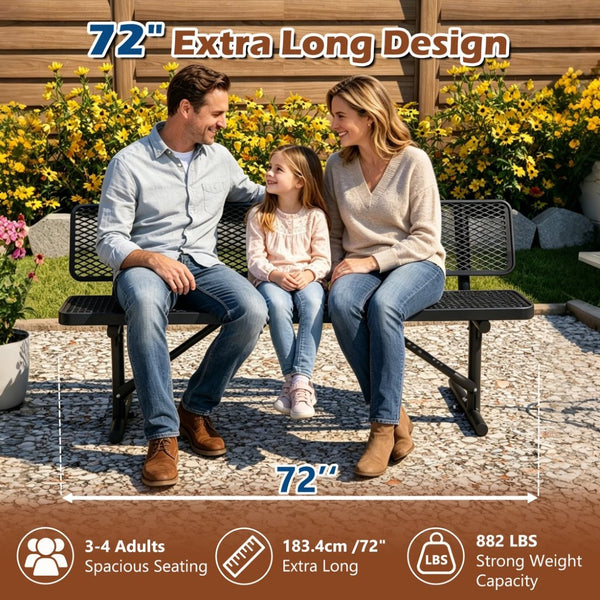 English Elm 72" Galvanized Steel Outdoor Picnic Table with Diamond Mesh Top and Rustproof Frame Black W1422P450904