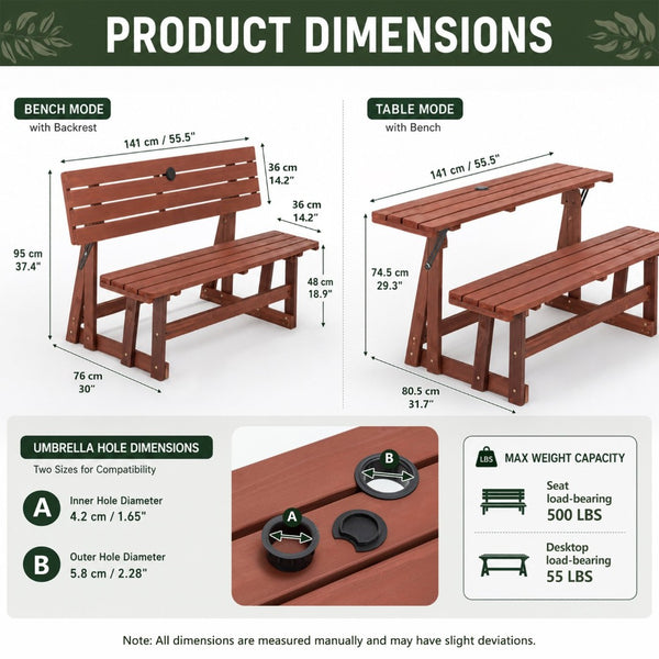 English Elm 2-in-1 Convertible Solid Wood Picnic Table Bench Outdoor Patio Set Umbrella Ready W1422P455836