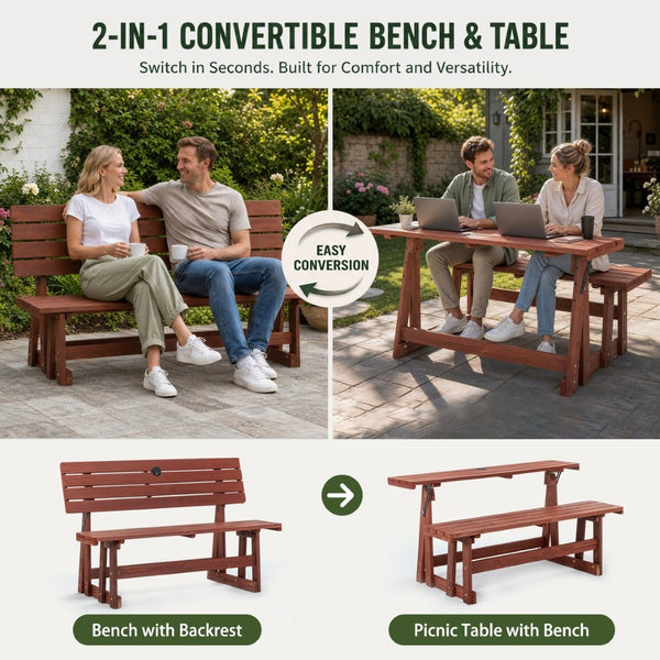 English Elm 2-in-1 Convertible Solid Wood Picnic Table Bench Outdoor Patio Set Umbrella Ready W1422P455836
