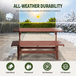 English Elm 2-in-1 Convertible Solid Wood Picnic Table Bench Outdoor Patio Set Umbrella Ready W1422P455836