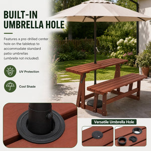 English Elm 2-in-1 Convertible Solid Wood Picnic Table Bench Outdoor Patio Set Umbrella Ready W1422P455836